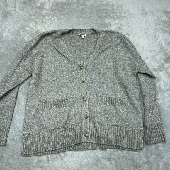 Ella Moss Gray Button Cardigan Sweater M Ribbed Hem Pockets a1292 - Picture 1 of 6